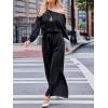 imageCUPSHE Jumpsuits for Women Long Sleeve Off Shoulder Belted Overalls with Pockets Wide Leg Pants Rompers Vacation OutfitsBlack