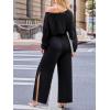 imageCUPSHE Jumpsuits for Women Long Sleeve Off Shoulder Belted Overalls with Pockets Wide Leg Pants Rompers Vacation OutfitsBlack