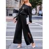 imageCUPSHE Jumpsuits for Women Long Sleeve Off Shoulder Belted Overalls with Pockets Wide Leg Pants Rompers Vacation OutfitsBlack