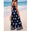 imageCUPSHE Women Paisley Summer Jumpsuits Beach Vacation Square Neck Sleeveless Smocked High Waist Wide Leg JumpsuitNavy Blue