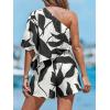 imageCUPSHE Womens One Shoulder Romper 34 Sleeve Wide Leg Mini Jumpsuit Short Draped Bodice Romper Casual Summer Loose OutfitBlack White