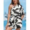 imageCUPSHE Womens One Shoulder Romper 34 Sleeve Wide Leg Mini Jumpsuit Short Draped Bodice Romper Casual Summer Loose OutfitBlack White