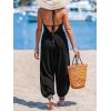 imageCUPSHE Womens Plunge Halter Sleeveless Pleated Long Romper Knit Jogger Maxi Jumpsuit with PocketsAblack