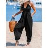 imageCUPSHE Womens Plunge Halter Sleeveless Pleated Long Romper Knit Jogger Maxi Jumpsuit with PocketsAblack