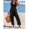 imageCUPSHE Womens Plunge Halter Sleeveless Pleated Long Romper Knit Jogger Maxi Jumpsuit with PocketsAblack