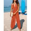 imageCUPSHE Womens Plunge Halter Sleeveless Pleated Long Romper Knit Jogger Maxi Jumpsuit with PocketsBurnt Orange