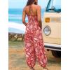imageCUPSHE Womens Plunge Halter Sleeveless Pleated Long Romper Knit Jogger Maxi Jumpsuit with PocketsRed Paisley