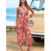imageCUPSHE Womens Plunge Halter Sleeveless Pleated Long Romper Knit Jogger Maxi Jumpsuit with PocketsRed Paisley