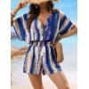 imageCUPSHE Womens Summer Dressy Casual Fashion Romper V Neck Smocked Waist Tie Dye Lace Up Jumpsuit Beach Blue Outfits