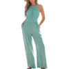 imageCUPSHE Womens Casual Loose Overalls Jumpsuits High Neck Sleeveless Wide Leg Boho One Piece Rompers With PocketsGreen