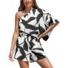 imageCUPSHE Womens One Shoulder Romper 34 Sleeve Wide Leg Mini Jumpsuit Short Draped Bodice Romper Casual Summer Loose OutfitBlack White