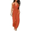 imageCUPSHE Womens Plunge Halter Sleeveless Pleated Long Romper Knit Jogger Maxi Jumpsuit with PocketsBurnt Orange