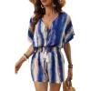imageCUPSHE Womens Summer Dressy Casual Fashion Romper V Neck Smocked Waist Tie Dye Lace Up Jumpsuit Beach Blue Outfits