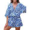 imageCUPSHE Womens Summer Romper Lace Up Printed Half Sleeves Casual Wide leg Vacation Outfit Mini One Piece JumpsuitBlue Abstract