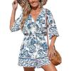 imageCUPSHE Womens Summer Wide Leg Rompers V Neck Short Sleeve Overall Jumpsuit Beach Vacation OutfitFloral Blue