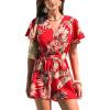imageCUPSHE Womens Summer Wide Leg Rompers V Neck Short Sleeve Overall Jumpsuit Beach Vacation OutfitFloral Red