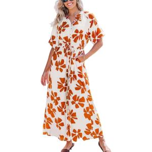 imageCUPSHE Jumpsuits for Women Dressy Botton Down Floral Print Overalls V Neck Shorts Sleeves Wide Leg Rompers Vacation OutfitsBrown
