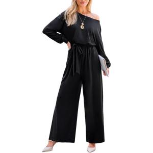 imageCUPSHE Jumpsuits for Women Long Sleeve Off Shoulder Belted Overalls with Pockets Wide Leg Pants Rompers Vacation OutfitsBlack