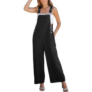 imageCUPSHE Women Fall Bib Overalls Cotton Adjustable Straps Wide Leg Square Neck Side Buttons Jumpsuit with PocketsBlack
