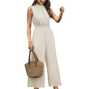 imageCUPSHE Women Floral Summer Maxi Jumpsuit with Pocket Mock Neck Elastic Waist Wide Leg Business Wedding Casual Holiday DressyBeige