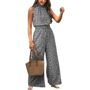 imageCUPSHE Women Floral Summer Maxi Jumpsuit with Pocket Mock Neck Elastic Waist Wide Leg Business Wedding Casual Holiday DressyBlack Floral