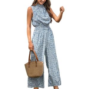 imageCUPSHE Women Floral Summer Maxi Jumpsuit with Pocket Mock Neck Elastic Waist Wide Leg Business Wedding Casual Holiday DressyBlue Floral