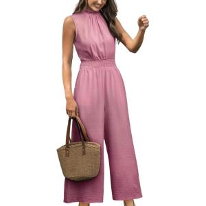 imageCUPSHE Women Floral Summer Maxi Jumpsuit with Pocket Mock Neck Elastic Waist Wide Leg Business Wedding Casual Holiday DressyDusty Rose