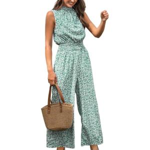 imageCUPSHE Women Floral Summer Maxi Jumpsuit with Pocket Mock Neck Elastic Waist Wide Leg Business Wedding Casual Holiday DressyGreen Floral