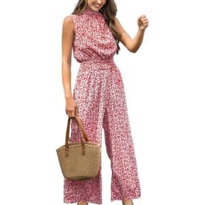 imageCUPSHE Women Floral Summer Maxi Jumpsuit with Pocket Mock Neck Elastic Waist Wide Leg Business Wedding Casual Holiday DressyRed Floral
