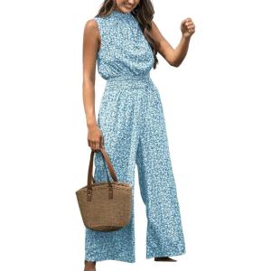 imageCUPSHE Women Floral Summer Maxi Jumpsuit with Pocket Mock Neck Elastic Waist Wide Leg Business Wedding Casual Holiday DressySky Blue Floral