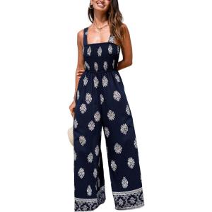 imageCUPSHE Women Paisley Summer Jumpsuits Beach Vacation Square Neck Sleeveless Smocked High Waist Wide Leg JumpsuitNavy Blue