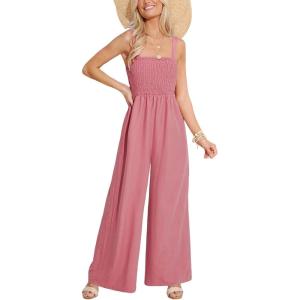 imageCUPSHE Women Paisley Summer Jumpsuits Beach Vacation Square Neck Sleeveless Smocked High Waist Wide Leg JumpsuitPink