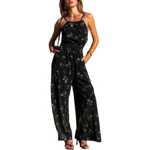 imageCUPSHE Womens Casual Loose Overalls Jumpsuits High Neck Sleeveless Wide Leg Boho One Piece Rompers With PocketsFloral Black