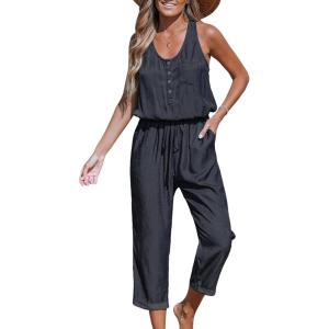imageCUPSHE Womens Casual Sleeveless Scoop Neck Button Down Overalls With PocketsBlack