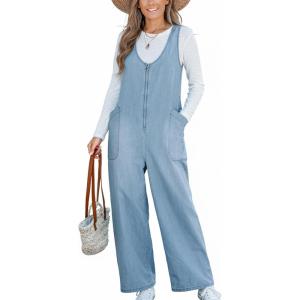 imageCUPSHE Womens Denim Jumpsuit Sleeveless Wide Leg Casual Cotton Jumpsuit Front Zip Pocket RomperBlue