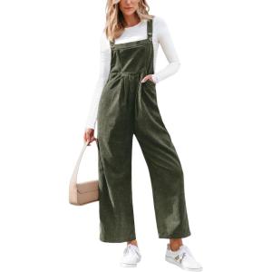 imageCUPSHE Womens Jumpsuit Corduroy Overalls Square Neck Sleeveless Wide Leg Jumpsuits Pockets Casual Outfit Loose Fall RomperGreen