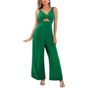 imageCUPSHE Womens Jumpsuit V Neck Solid Wide Leg Pants Cutout Sleeveless High Waist Casual Summer Outfits Romper 2025Green