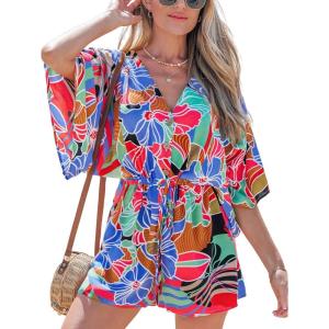 imageCUPSHE Womens Jumpsuits Boho Short Sleeve V Neck Wide Leg Overall Tie Outfit Casual BeachBlue Flower