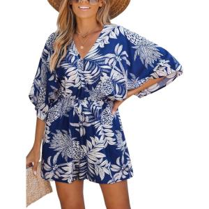 imageCUPSHE Womens Jumpsuits Boho Short Sleeve V Neck Wide Leg Overall Tie Outfit Casual BeachNavy Floral