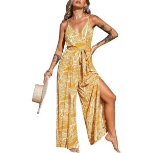 imageCUPSHE Womens Jumpsuits Floral Tropical Wide Leg Jumpsuit Sleeveless Overall V Neck Outfit CasualYellow Floral