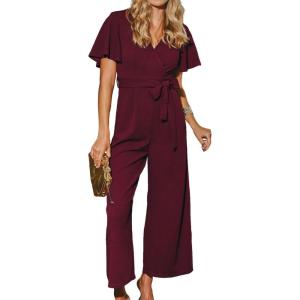 imageCUPSHE Womens Maxi Jumpsuit Dressy V Neck Short Sleeves Wide Leg Belted One Piece Outfit Overall Casual Fall RomperBurgundy