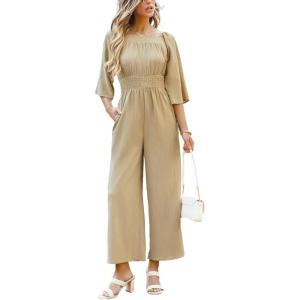 imageCUPSHE Womens One Piece Jumpsuits Dressy 34 Sleeve Square Neck Overalls Wide Leg Pants Rompers Vacation OutfitsBeige