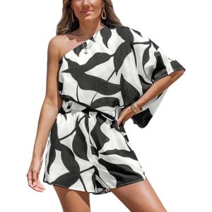 imageCUPSHE Womens One Shoulder Romper 34 Sleeve Wide Leg Mini Jumpsuit Short Draped Bodice Romper Casual Summer Loose OutfitBlack White