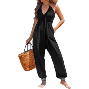imageCUPSHE Womens Plunge Halter Sleeveless Pleated Long Romper Knit Jogger Maxi Jumpsuit with PocketsAblack