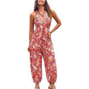 imageCUPSHE Womens Plunge Halter Sleeveless Pleated Long Romper Knit Jogger Maxi Jumpsuit with PocketsRed Paisley