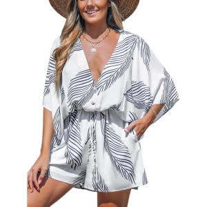 imageCUPSHE Womens Print Shorts Jumpsuit Wrap V Neck 34 Sleeve Casual Loose Oversized Romper