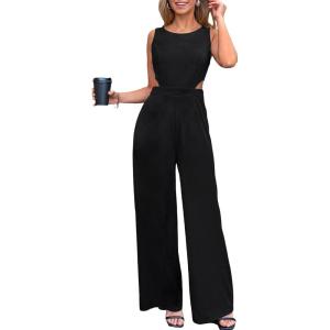 imageCUPSHE Womens Romper Sleeveless Crew Neck Waist Cutout Wide Leg Maxi Jumpsuit Outfit Casual DressyBlack