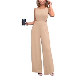 imageCUPSHE Womens Romper Sleeveless Crew Neck Waist Cutout Wide Leg Maxi Jumpsuit Outfit Casual DressyKhaki
