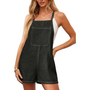 imageCUPSHE Womens Romper Square Neck Denim Pocket Pinafore Jumpsuits Sleeveless Overall Wide Leg Outfit Casual DressyBlack