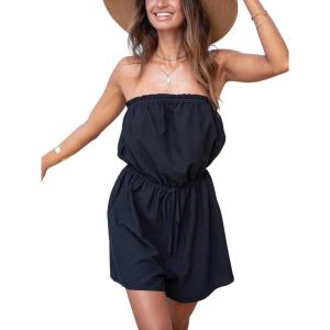 imageCUPSHE Womens Romper Strapless OffShoulder Floral Sleeveless Wide leg Jumpsuit Outfit Casual Beachwear VacationBlack